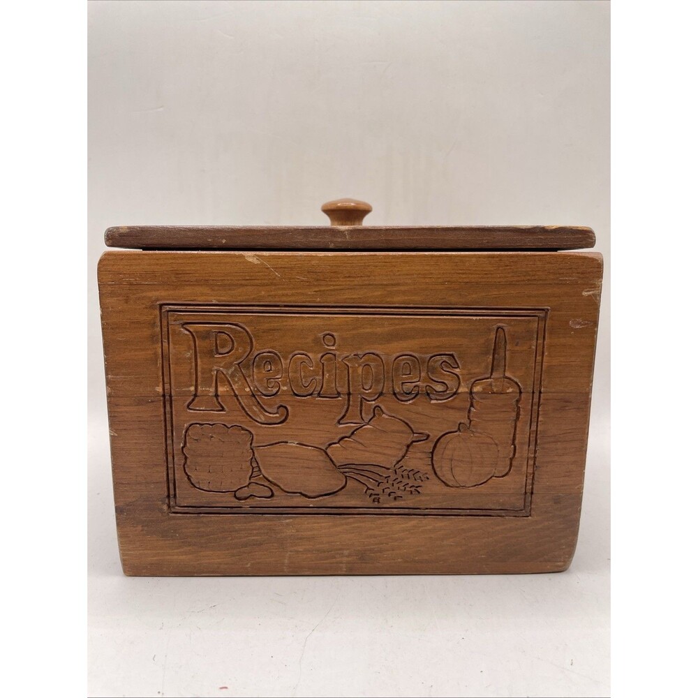 Vintage Wood Recipe Box Kitchen Decor Wood Carved Country Cottage 70s